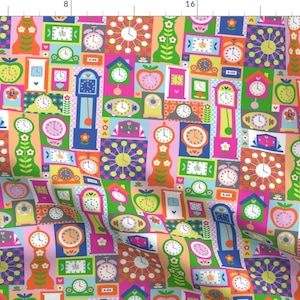 Kitsch Clocks Fabric - Good Times By Cerigwen - Retro Vintage Clocks Colorful Cotton Fabric By The Yard With Spoonflower