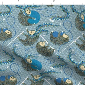 May include: A seamless pattern featuring a repeating design of owls knitting with yarn balls on a blue background.