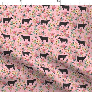 Cattle Fabric - Steer Floral Fabric Simple Layout Pink By Petfriendly Black Angus Farm Animal - Cotton Fabric By The Yard With Spoonflower