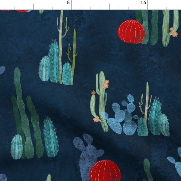 Midnight Cacti Collection Fabric - Cactus Garden On Deep Blue By Lavish Season - Southwestern Cotton Fabric By The Yard With Spoonflower