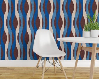 Mid Century Wallpaper - Mod Stripes Blue By Bruxamagica - Retro Blue Brown Modern Removable Self Adhesive Wallpaper Roll by Spoonflower