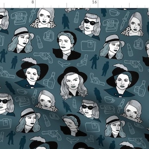 Hollywood Women Fabric - Deadly Dames By Bettyturbo - Blue Vintage Film Noir Movie Stars Cotton Fabric By The Yard With Spoonflower