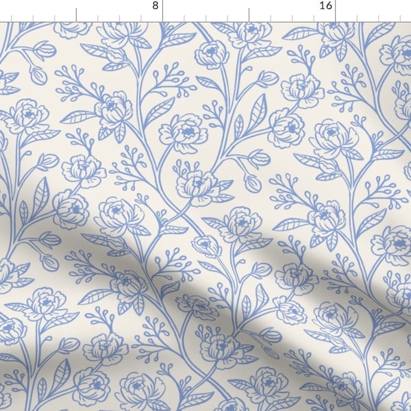 Simple Floral Fabric - Peonies In Periwinkle by rabeccky - Periwinkle Ivory Cottagecore Grandmilennial Fabric by the Yard by Spoonflower