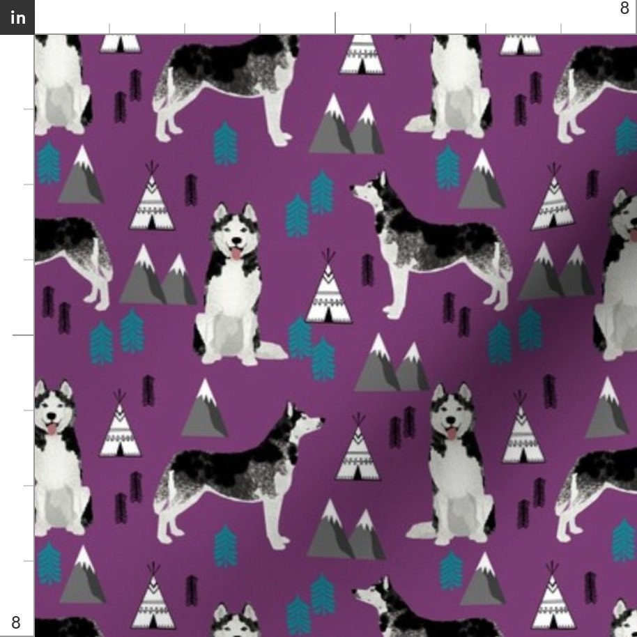 Boho Huskies on Purple Fabric Siberian Husky Dog Mountain Etsy