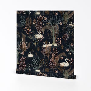 Swans Wallpaper - The Black Forest By Katherine Quinn - Black White Aquatic Birds Cute Removable Self Adhesive Wallpaper Roll by Spoonflower