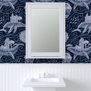 Whimsical Wallpaper - Undersea Nights by jenkb - Sky Nautical Ocean Jellyfish Whale Removable Peel and Stick Wallpaper by Spoonflower image 8
