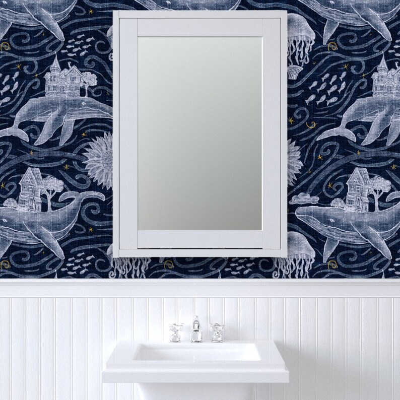 Whimsical Wallpaper - Undersea Nights by jenkb - Sky Nautical Ocean Jellyfish Whale Removable Peel and Stick Wallpaper by Spoonflower image 8