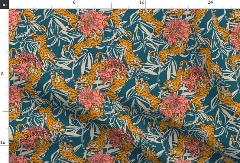 Bengal Tiger Fabric - Bengal Cora Tiger by holli_zollinger - Exotic Big Cat Peony Floral Safari Animal Fabric by the Yard by Spoonflower image 1