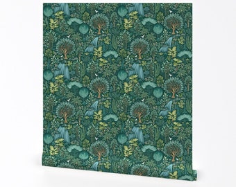 Forest Wallpaper - Emerald Eden de Catalinakim - Green Woodland Small Kid's Whimsical Extraíble Autoadhesivo Wallpaper Roll de Spoonflower