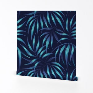 Vibrant Palm Fabric - Palm Leaf - Navy By Andreaalice- Tropical Botanical Neon Modern Custom Printed Removable Wallpaper Roll by Spoonflower