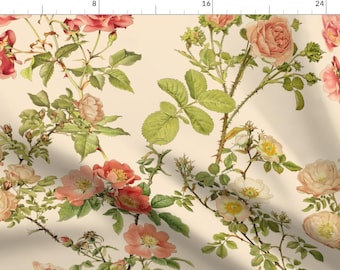 May include: A seamless pattern featuring pink and white roses with green leaves and stems on a cream background. The roses are in various stages of bloom, with some fully open and others still in bud. The leaves are a variety of shades of green, and the stems are thin and delicate.