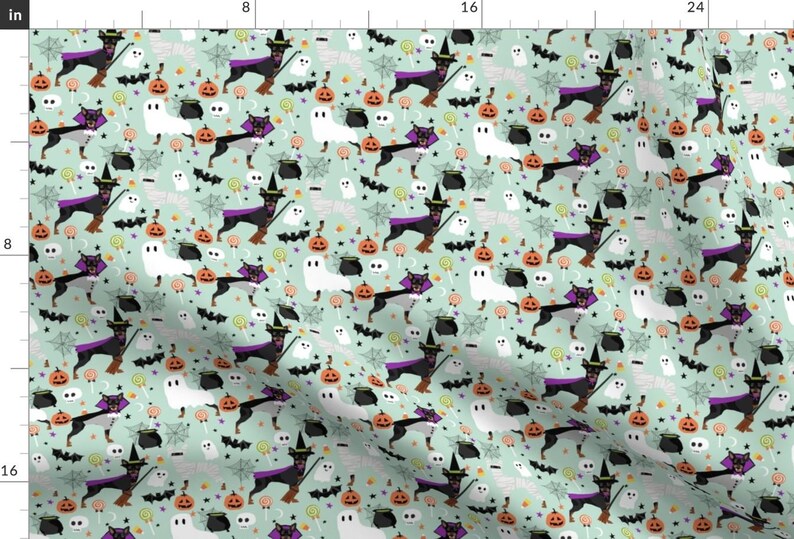 Min Pin Ghost Fabric - Miniature Pinscher Dog Halloween By Petfriendly - Spooky Halloween Cotton Fabric by the Yard with Spoonflower image 1