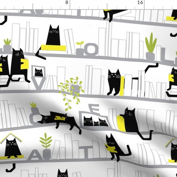 Bookshelves Yellow Abstract Cats Fabric - Cat Cafe By Studio K - Bookshelves Pet Cats Pattern Cotton Fabric By The Yard With Spoonflower