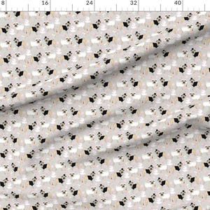May include: A seamless pattern featuring a repeating design of white pugs wearing black top hats and bow ties on a light gray background.