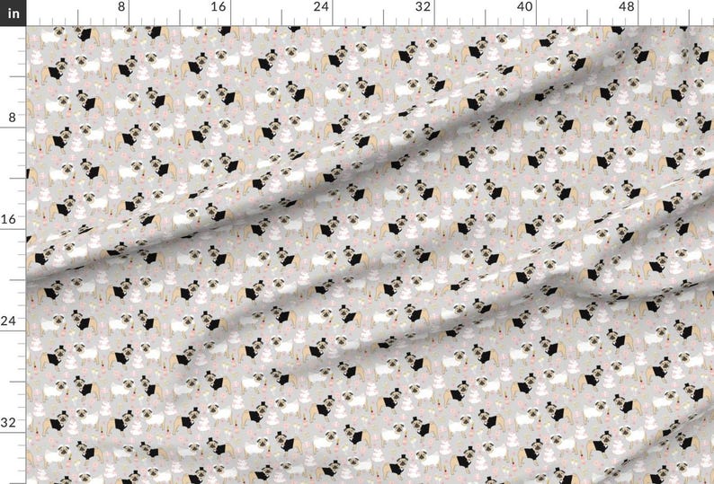 May include: A seamless pattern featuring a repeating design of white pugs wearing black top hats and bow ties on a light gray background.