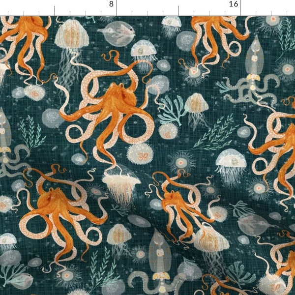Octopus Fabric - Octopus On Midnight By Katherine Quinn - Nautical Dark Teal Faux Woven Fantasy Cotton Fabric By The Yard With Spoonflower