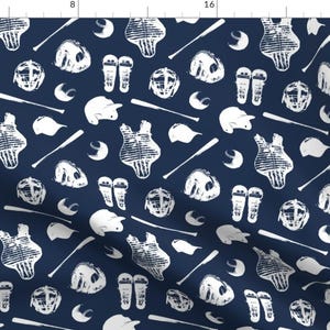 Baseball Gear Fabric - Baseball Gear On Navy Blue Small By Thinlinetextiles - Baseball Gear Blue Cotton Fabric By The Yard With Spoonflower