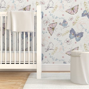 Garden Butterfly Wallpaper - Butterflies Bird by looshkastudio - Songbird Botanical Removable Peel and Stick Wallpaper by Spoonflower