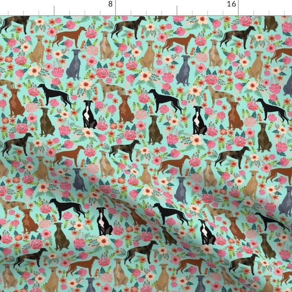 Mint Green Floral Dog Fabric - Greyhounds Vintage Les Fleurs Rescue Dog By Petfriendly - Cotton Fabric By The Yard With Spoonflower