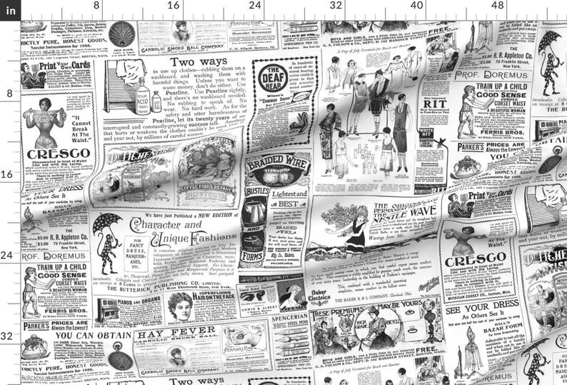 Vintage Ads Fabric - Old Newspaper by peagreengirl - Black And White Lettering Typography Victorian Fabric by the Yard by Spoonflower image 2