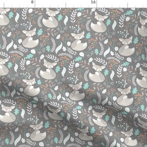 Gray Foxes Floral Fabric - Gray Fox - Sleepy Foxes (Steel Grey) Baby Boy Nursery Woodland Animals Kids Childrens Bedding S2 By Gingerlous
