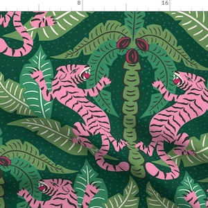 Maximalist Tigers Fabric - Tiger Damask by vivdesign - Animalier Hot Pink Green Hand Drawn Jungle Palms  Fabric by the Yard by Spoonflower