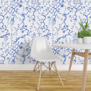 Chinoiserie Peel and Stick Wallpaper - Elegant Blue And White Hand Painted - Removable Wall Decor Art - Little Pagoda by pattern_garden
