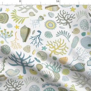 Seashell Fabric - Natural Forms - Large By Cecca - Sea Shell Green Blue Beach Nautical Ocean Cotton Fabric By The Yard With Spoonflower
