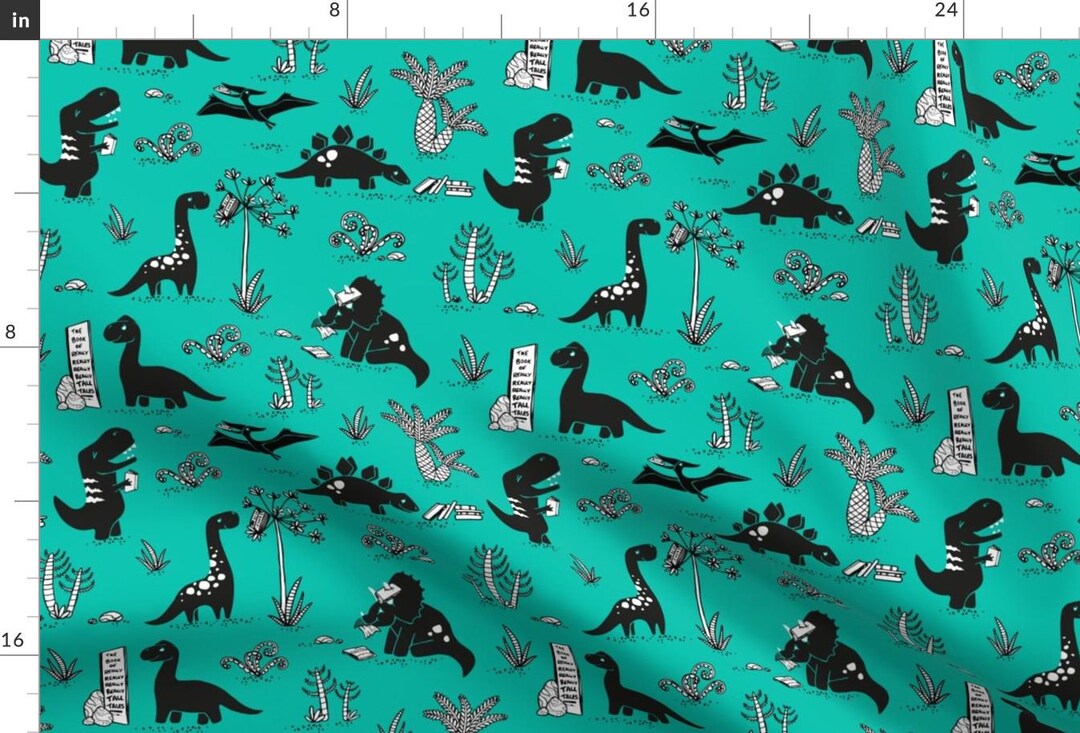 Dinosaurs Fabric - Library Dinos - Black on Aqua by Pinky Wittingslow ...