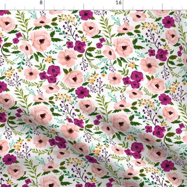 May include: A seamless pattern featuring pink and purple watercolor flowers on a white background. The flowers are arranged in a repeating pattern and are surrounded by green leaves and stems.