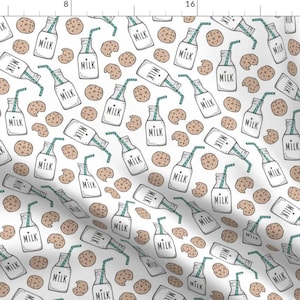 Milk Fabric - Milk And Cookies On White By Caja Design - Milk Chocolate Chip Cookies Blue White Cotton Fabric By The Yard With Spoonflower