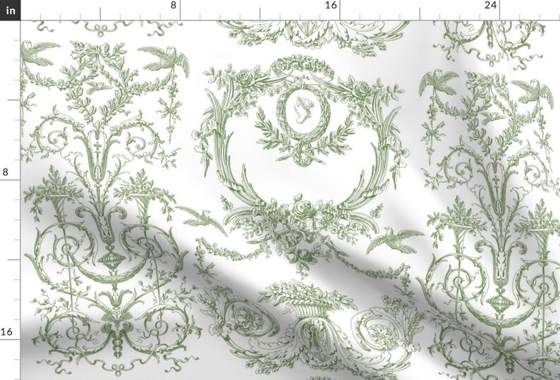 Green Damask Toile Upholstery Fabric- Capetian Toile by Lilyoake ...