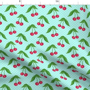 Dotted Cherry Fabric - Cherry Ditsy Aqua By Littlerhodydesign - Summer Cherry Home Decor Cotton Fabric By The Yard With Spoonflower