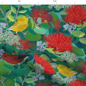 Endangered Birds Tropical Greenery Fabric - Ohia Life By Honoluludesign - Endangered Birds Cotton Fabric By The Yard With Spoonflower
