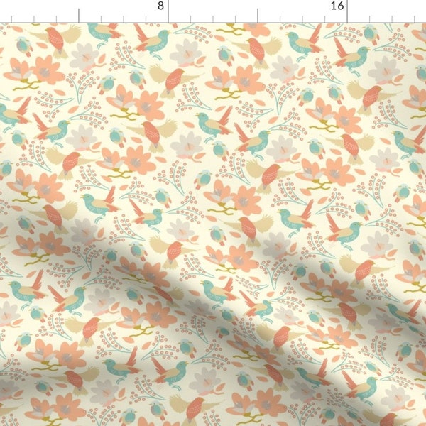 Coral Songbird Fabric - Birds Branches  by martibetz - Sweet Floral Peach Orange Cream Summer Spring Fabric by the Yard by Spoonflower