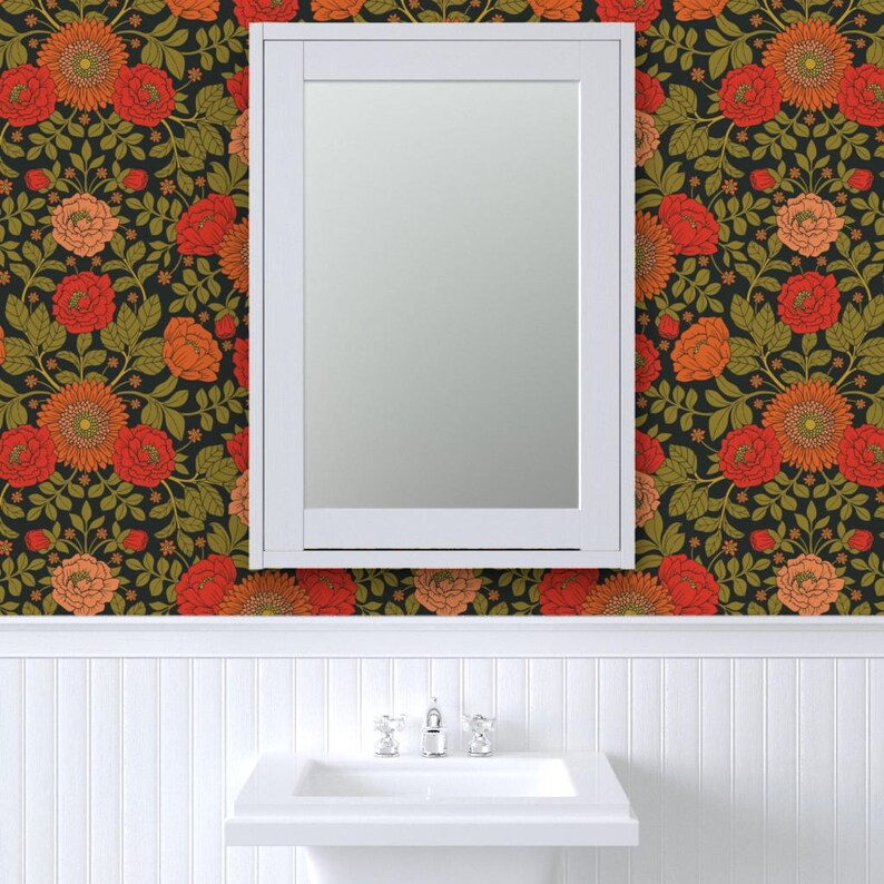 Vintage Garden Peel and Stick Wallpaper - Green Red Orange Victorian Floral - Removable Wall Decor Art - Botanical Pattern by somecallmebeth image 8