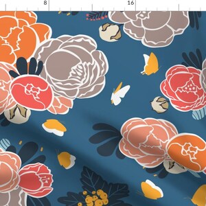 Floral Sketch Fabric - Bom Dia-19 By Enariyoshi - Hand Drawn Floral Illustration Orange On Blue Cotton Fabric By The Yard With Spoonflower