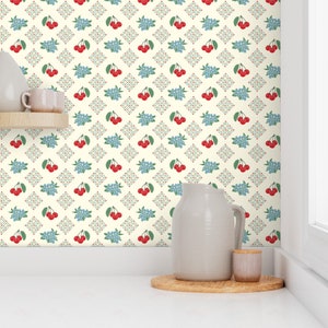 Retro Wallpaper - 1940&#39;S Style Kitchen Cherry Wallpaper In Yellow Small By Lioriel - Custom Printed Adhesive Wallpaper Roll by Spoonflower