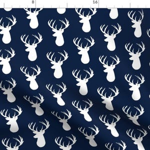 Deer Fabric - Navy Deer Head Custom Fabric By Ivie Cloth Co - Deer Cotton Fabric By The Yard with Spoonflower