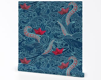 Nautical Wallpaper - Octopus Ocean Playground Large By Honoluludesigns - Custom Printed Removable Adhesive Wallpaper Roll by Spoonflower