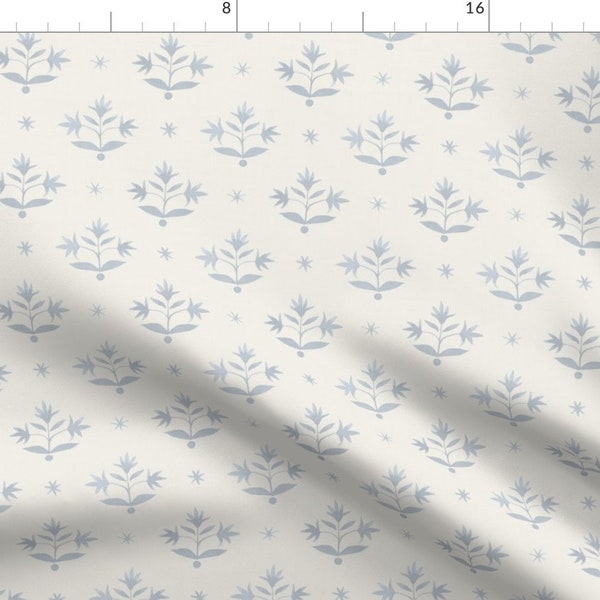 Bohemian Block Print Fabric - Thistle Stars by danika_herrick - Cream Blue Stars Indian Floral Small Print Fabric by the Yard by Spoonflower
