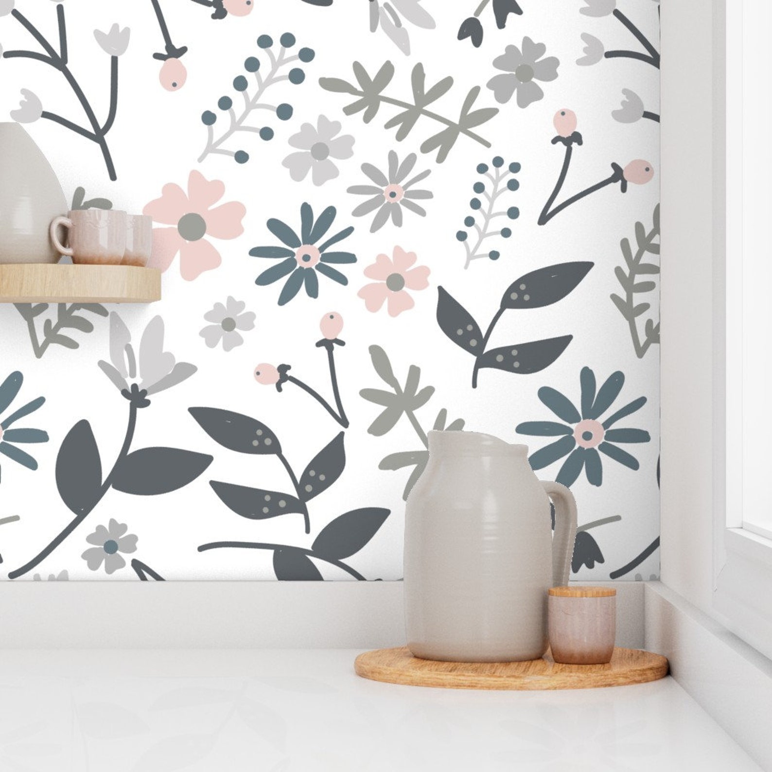 Floral Wallpaper Gray and Pink Flowers by Beesweet Floral - Etsy