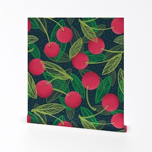 Cherry Wallpaper - Leafy Red Cherries On Dark By Pixelstitch - Fruit Kitchen Pantry Removable Self Adhesive Wallpaper Roll by Spoonflower