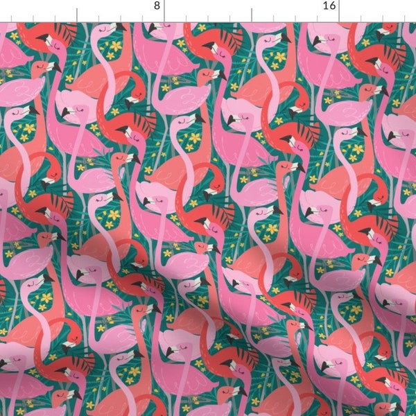 Flamingo Tropical Birds Pink And Blue Fabric - Flock Of Flamingos By Michaelzindell - Flamingo Cotton Fabric By The Yard With Spoonflower