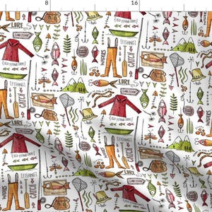 May include: A white background with a repeating pattern of fishing-themed illustrations. The illustrations include fish, fishing rods, lures, waders, a fishing boat, and a red plaid fishing shirt. The text "Lure", "Waders", "Fishing & Catch", and "I old fishing shirts!" are included in the pattern.