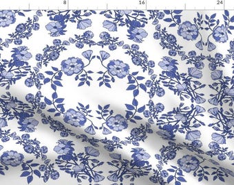 Blue Antique Floral Fabric - Sweet Storybook Roses In Blue China By Florallston - Floral Cotton Fabric By The Yard With Spoonflower