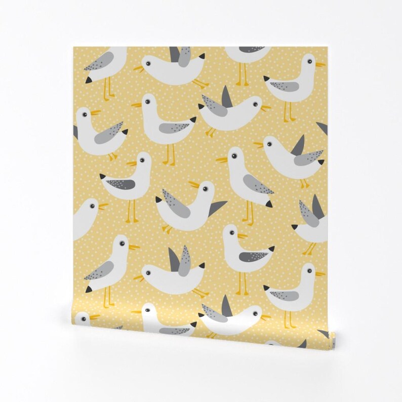 Birds Wallpaper - Seagulls On Yellow By Heleenvanbuul - Birds Yellow Custom Printed Removable Self Adhesive Wallpaper Roll by Spoonflower image 2