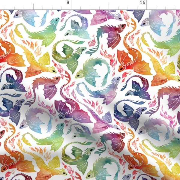 Small Dragons Fabric - Dragon Fire Rainbow by adenaj - Rainbow Fantasy Watercolor Fairy Tale Mythical Fabric by the Yard by Spoonflower