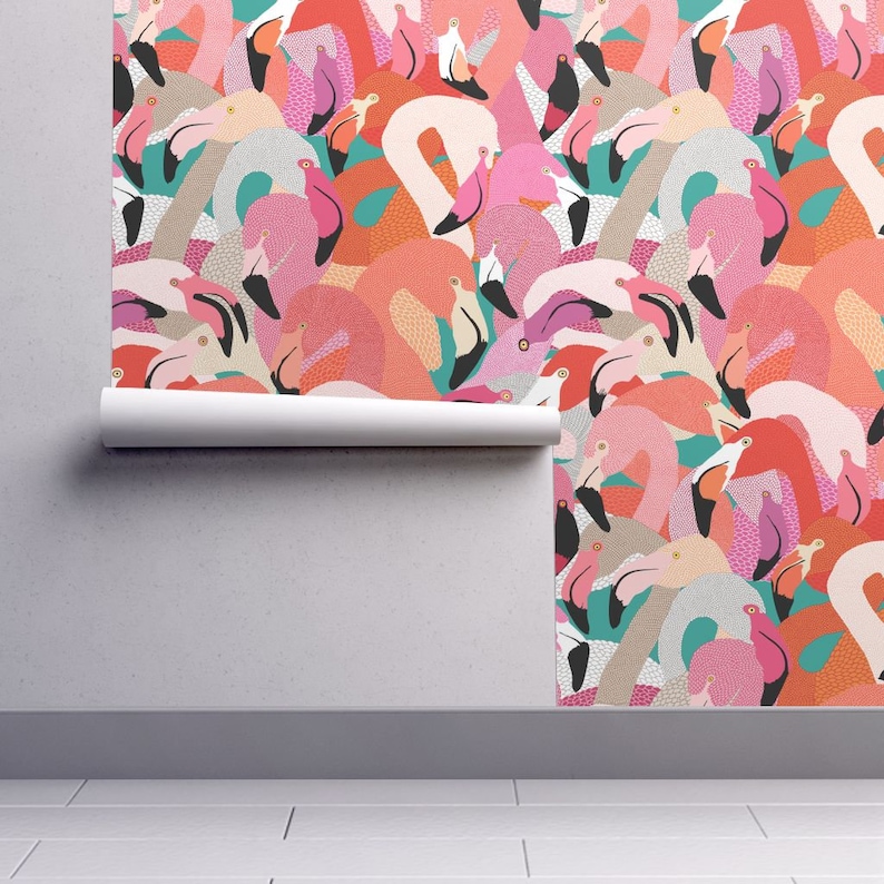 Flamingoes In Orange And Pink Large By Rubydoor Flamingo Wallpaper Custom Printed Removable Self Adhesive Wallpaper Roll by Spoonflower