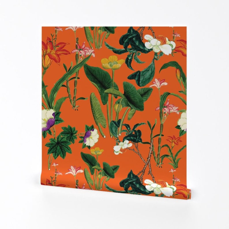Floral Wallpaper - Vintage Floral Orange By Bruxamagica - Vintage Floral Custom Printed Removable Adhesive Wallpaper Roll by Spoonflower image 2
